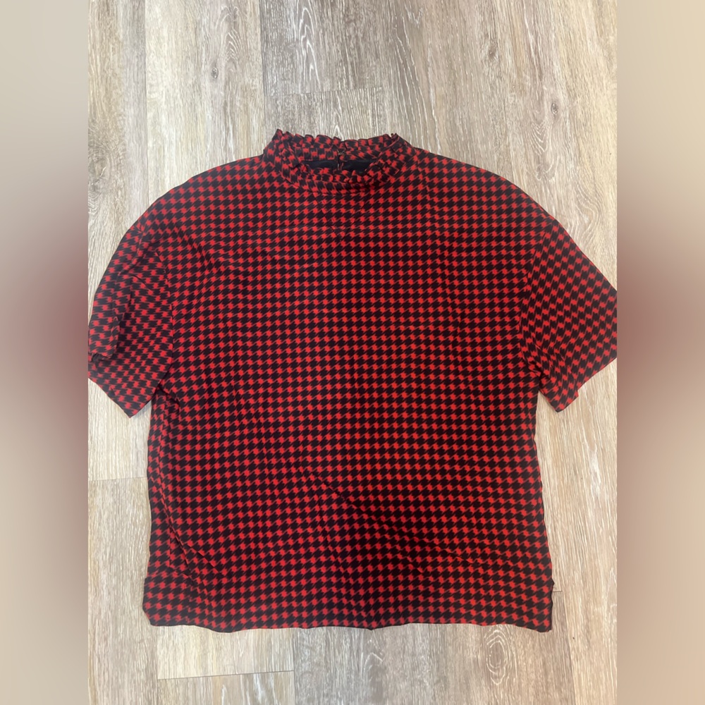 NWOT Coach Red and Black Houndstooth Short Sleeve Top with Ruffle Neck